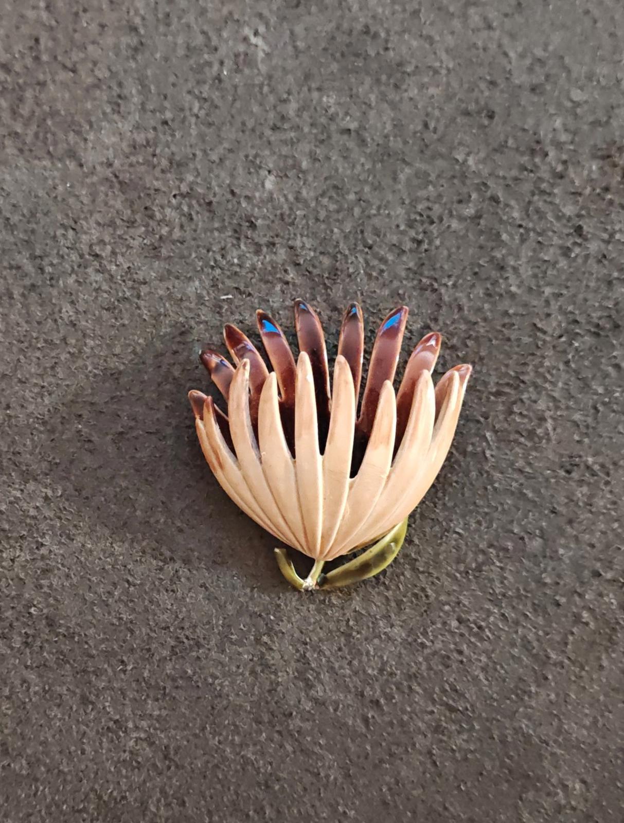 1970s Brown Beige Floral Enamel Brooch