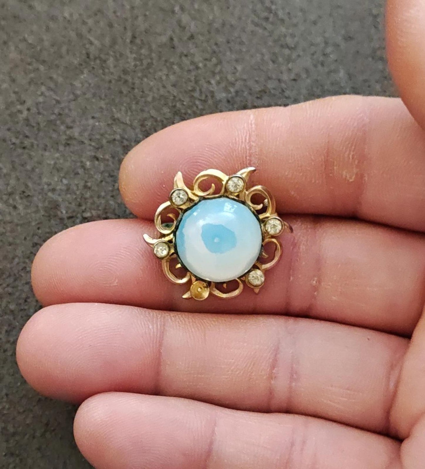 1960s Gold Tone Moonglow Cabochon With Rhinestones Brooch