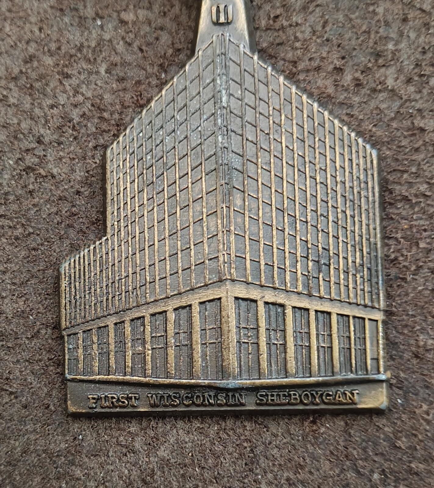 70s First Wisconsin National Bank building in Sheboygan Wisconsin Brass Keychain