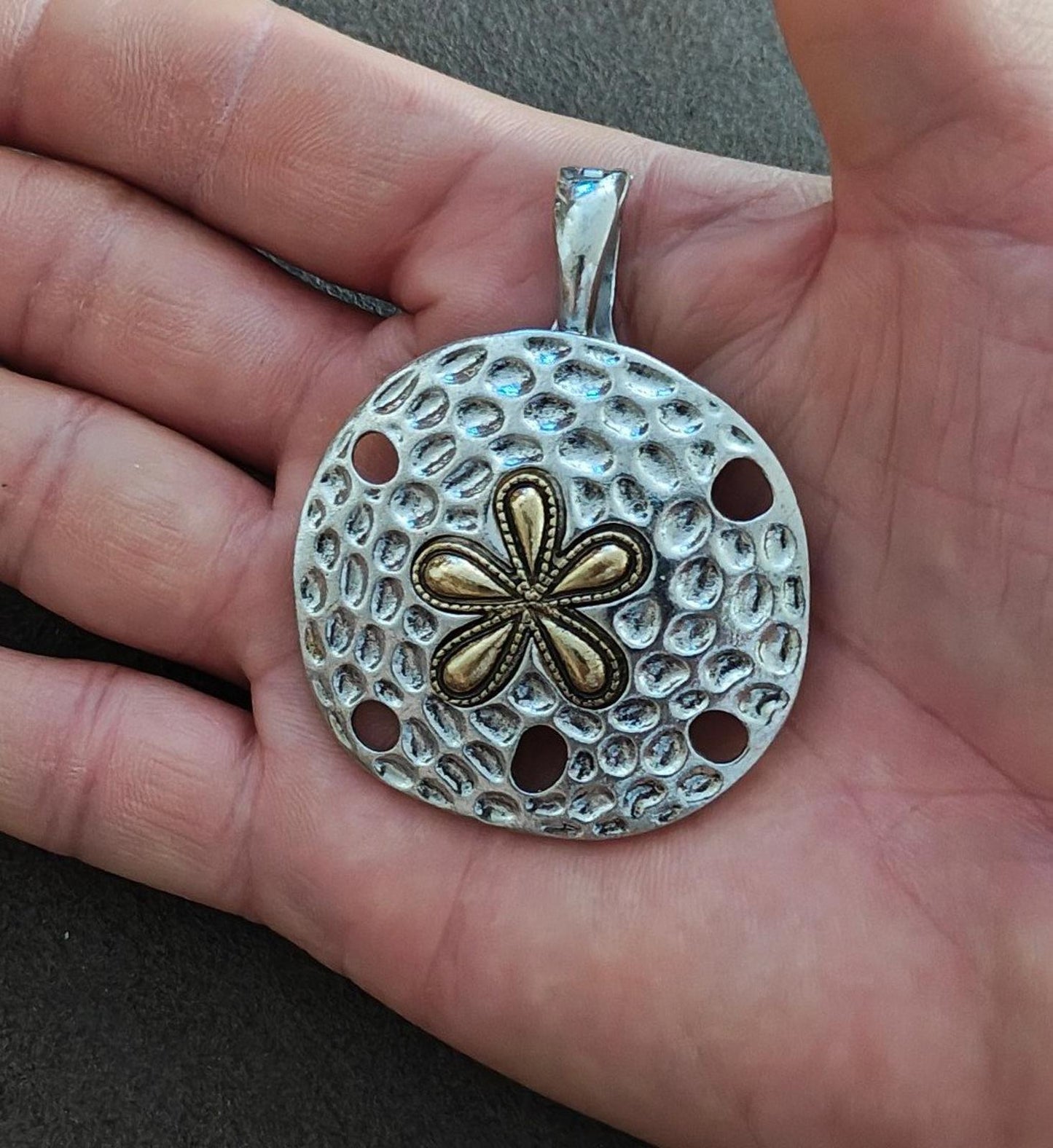 1970's Marked RMN Roman Sand Dollar Two Tone Large Pendant