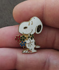 1970s Peanuts Snoopy Holding Bouquet of Flowers Cloisonné Gold Tone Enamel Pin