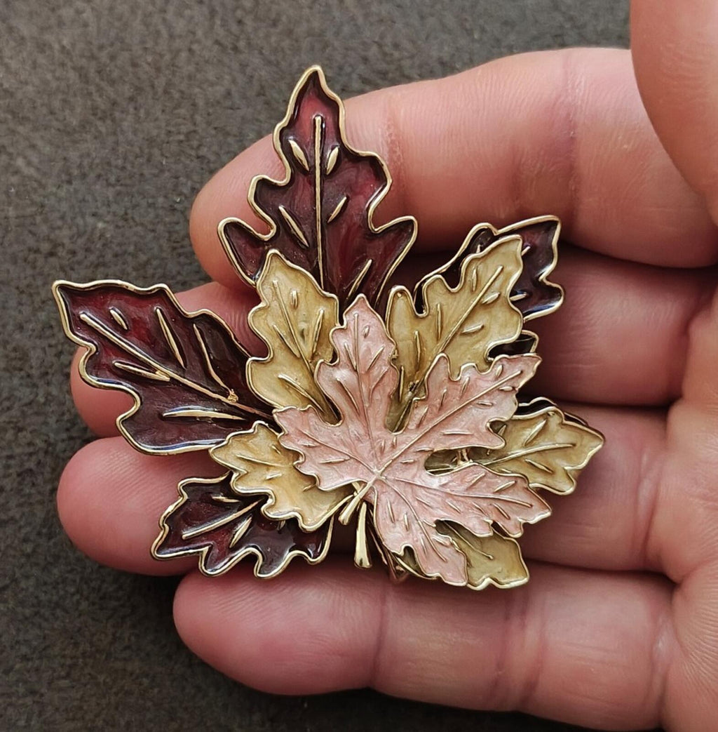 Tri Layered Gold Tone Multi Colored Handpainted Enamel Maple Leaf Brooch