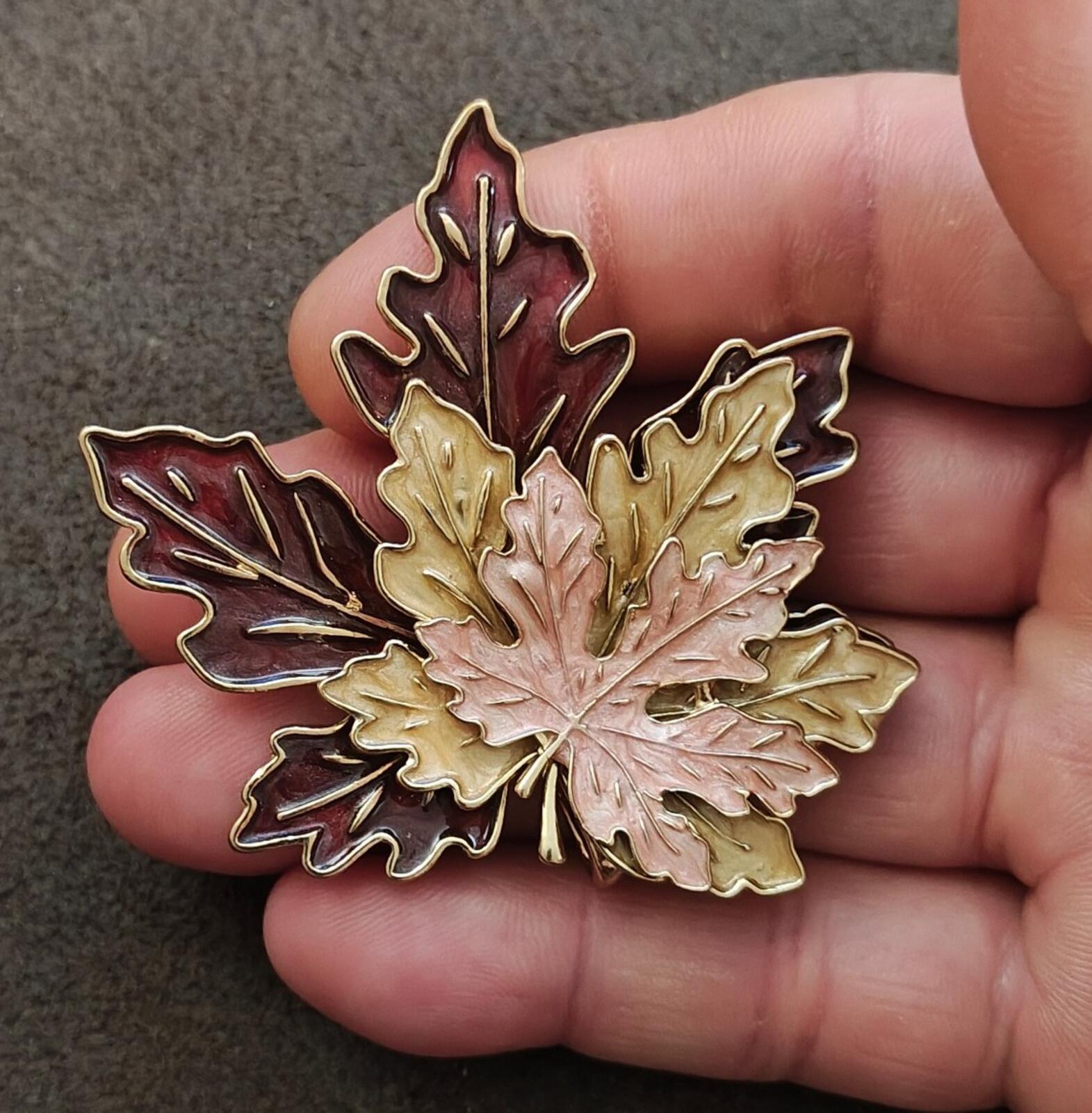 Tri Layered Gold Tone Multi Colored Handpainted Enamel Maple Leaf Brooch