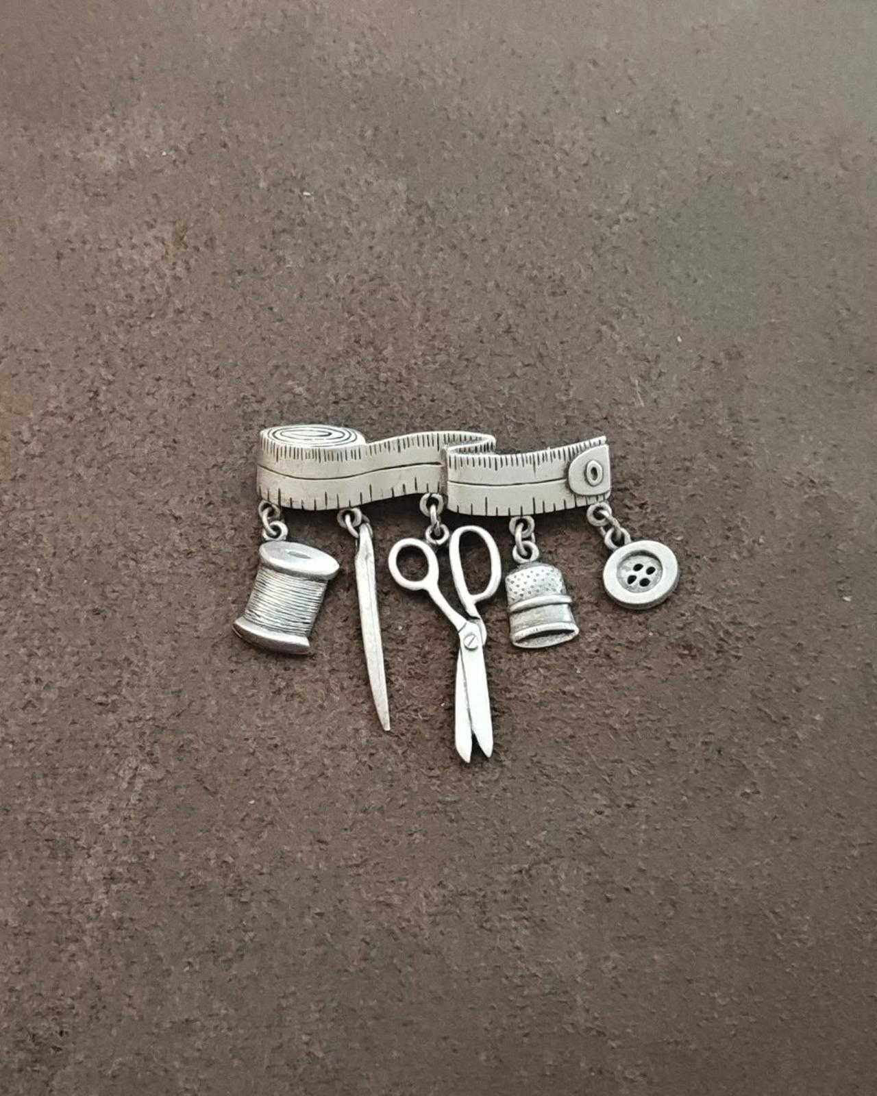 1980s JJ Jonette Sewing Theme Pewter Dangle Brooch