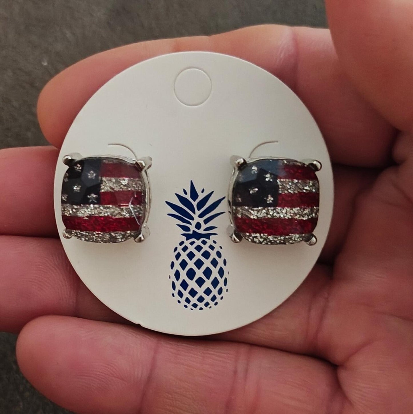 Patriotic Cushion-Cut Glass With Glitter Accents American Flag Stud Earrings.