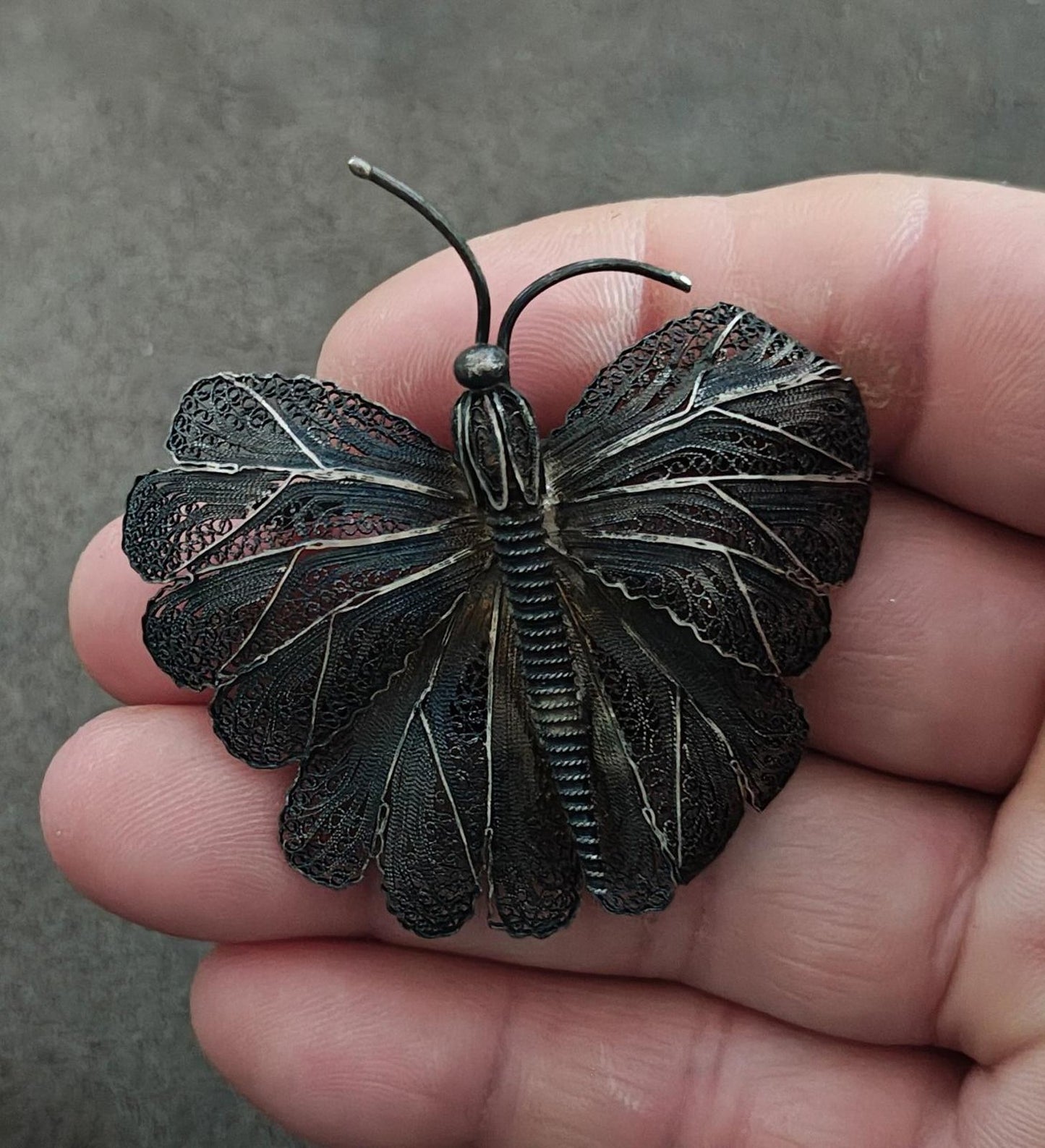 1930s Vintage Silver Tone Filigree Butterfly Brooch Pin
