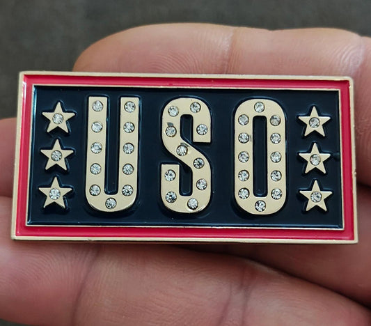USO Gold Tone With Clear Rhinestones Red & Blue Enamel Pin