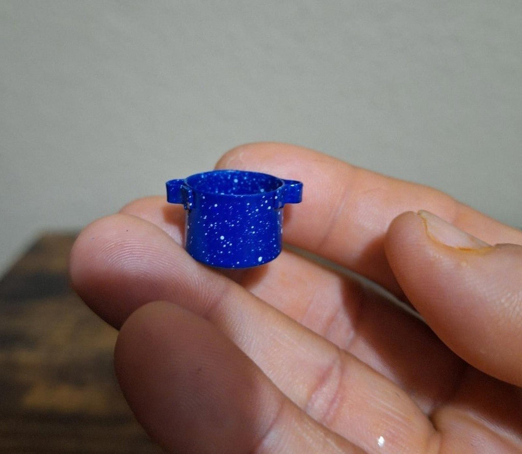 1980's Dollhouse Miniature Blue Speckled Metal Pots Pans