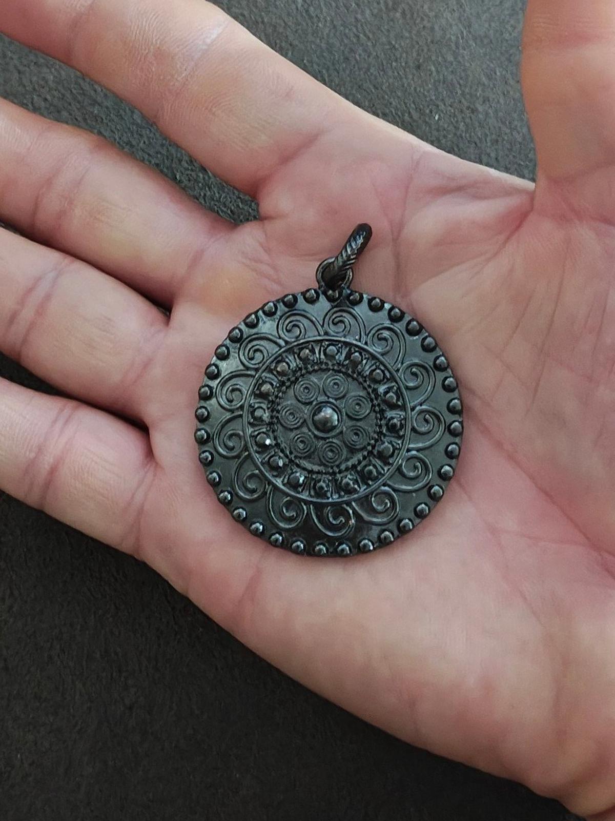 1990s Gun Metal Round Floral Design Pendant