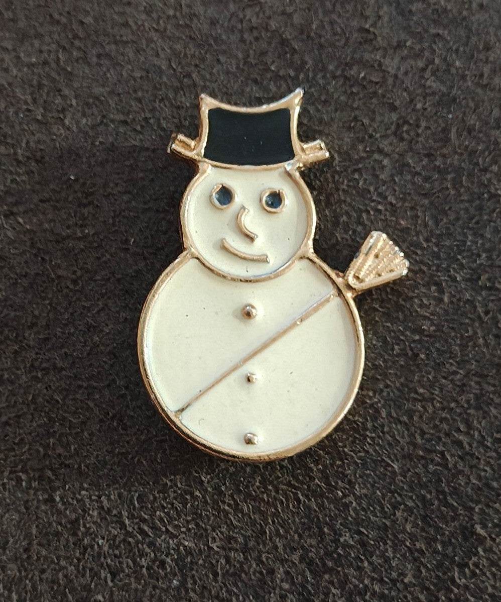 1980s Gold Tone Enamel Holiday Snowman Brooch