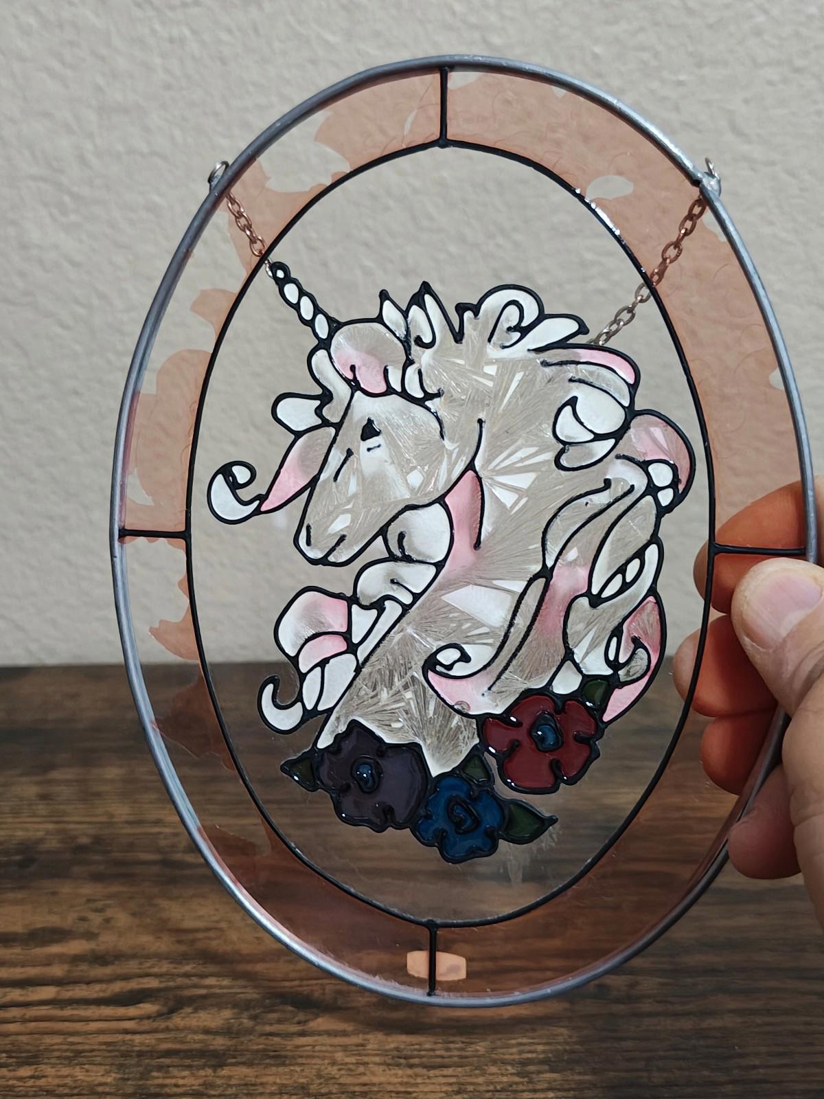 1987 Joan Baker Designs Stained Glass Unicorn Suncatcher