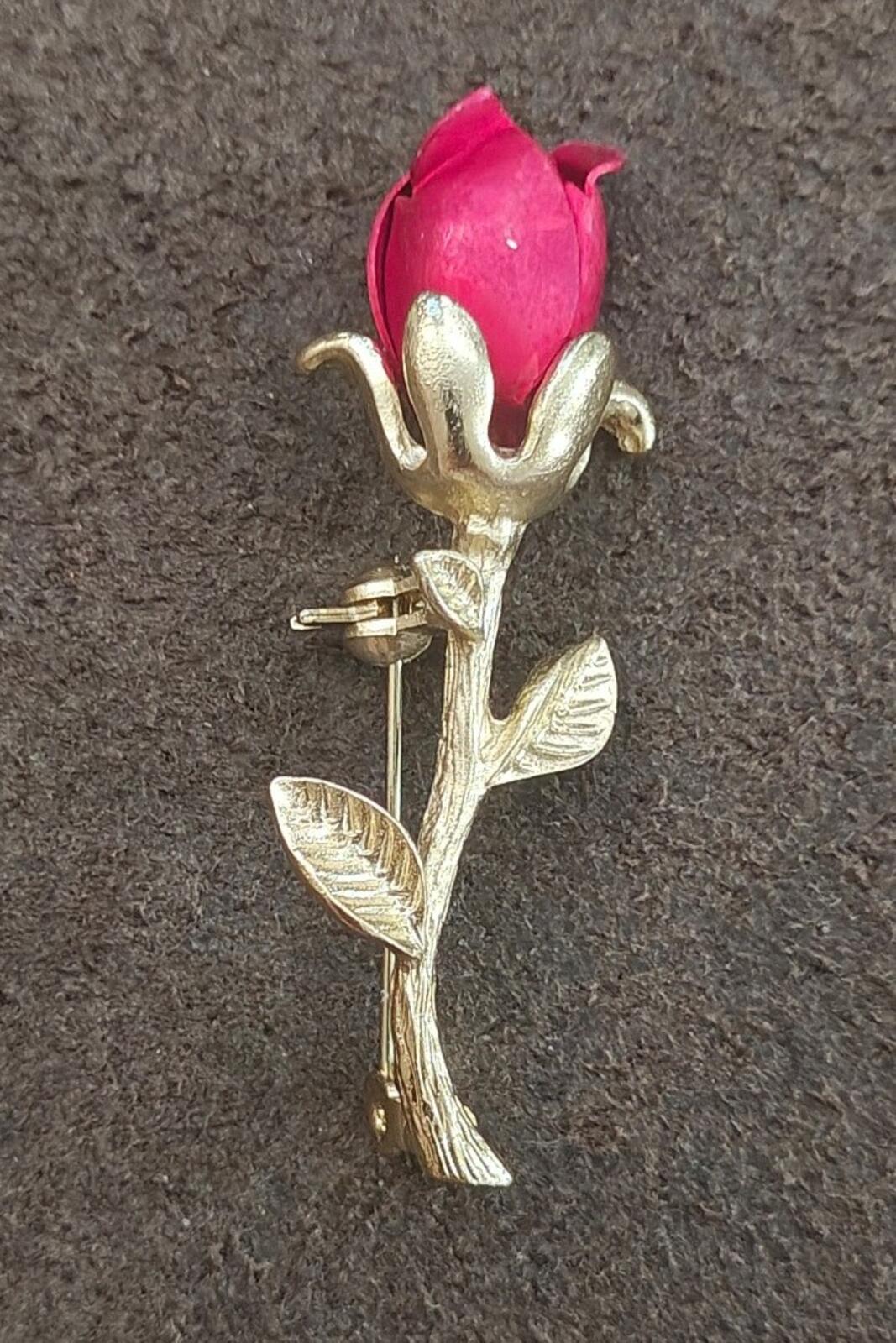 1980s Gold Tone Red Enamel Red Rose Bud With Single Stem Brooch
