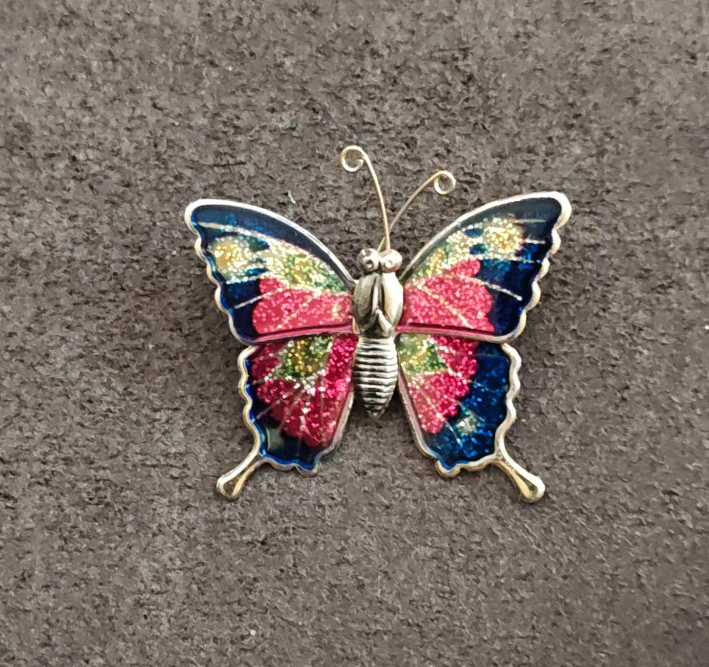 1970s Gold Tone Butterfly With Enamel & Glitter Accents Brooch