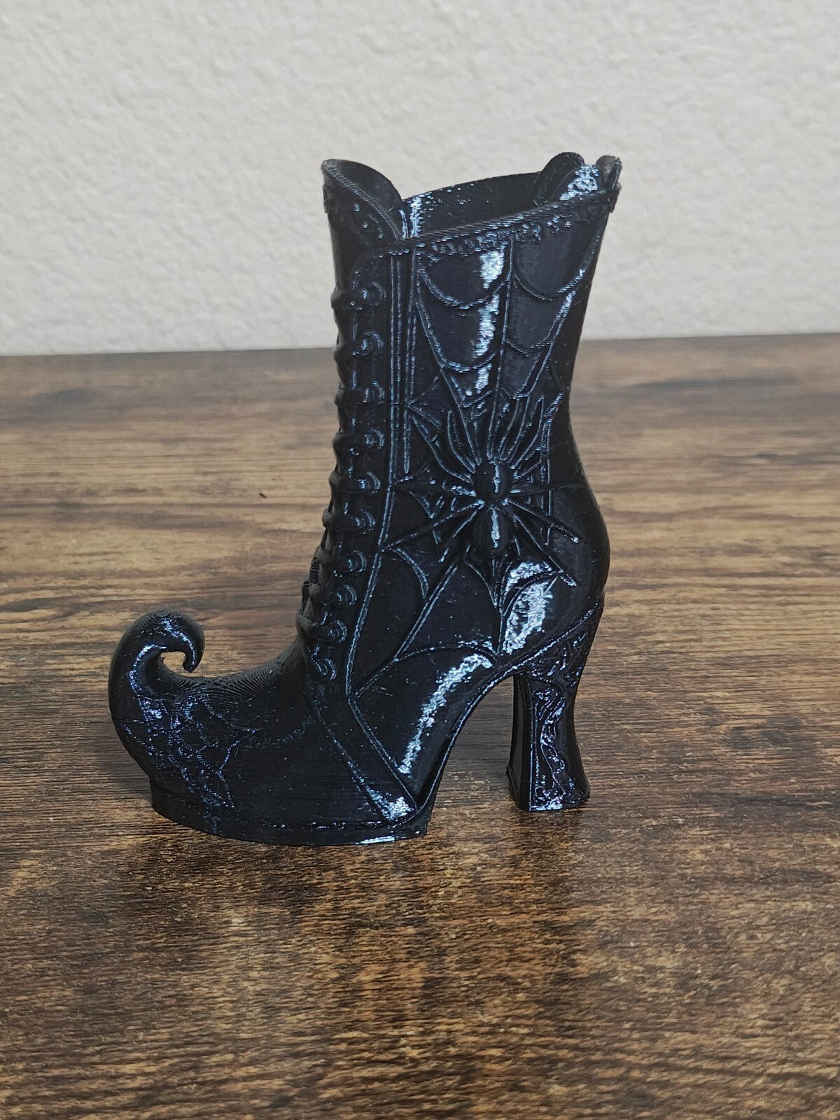 3D Printed Black Gothic Curled Toe Spider Web Witch Boot Small Vase/Holder