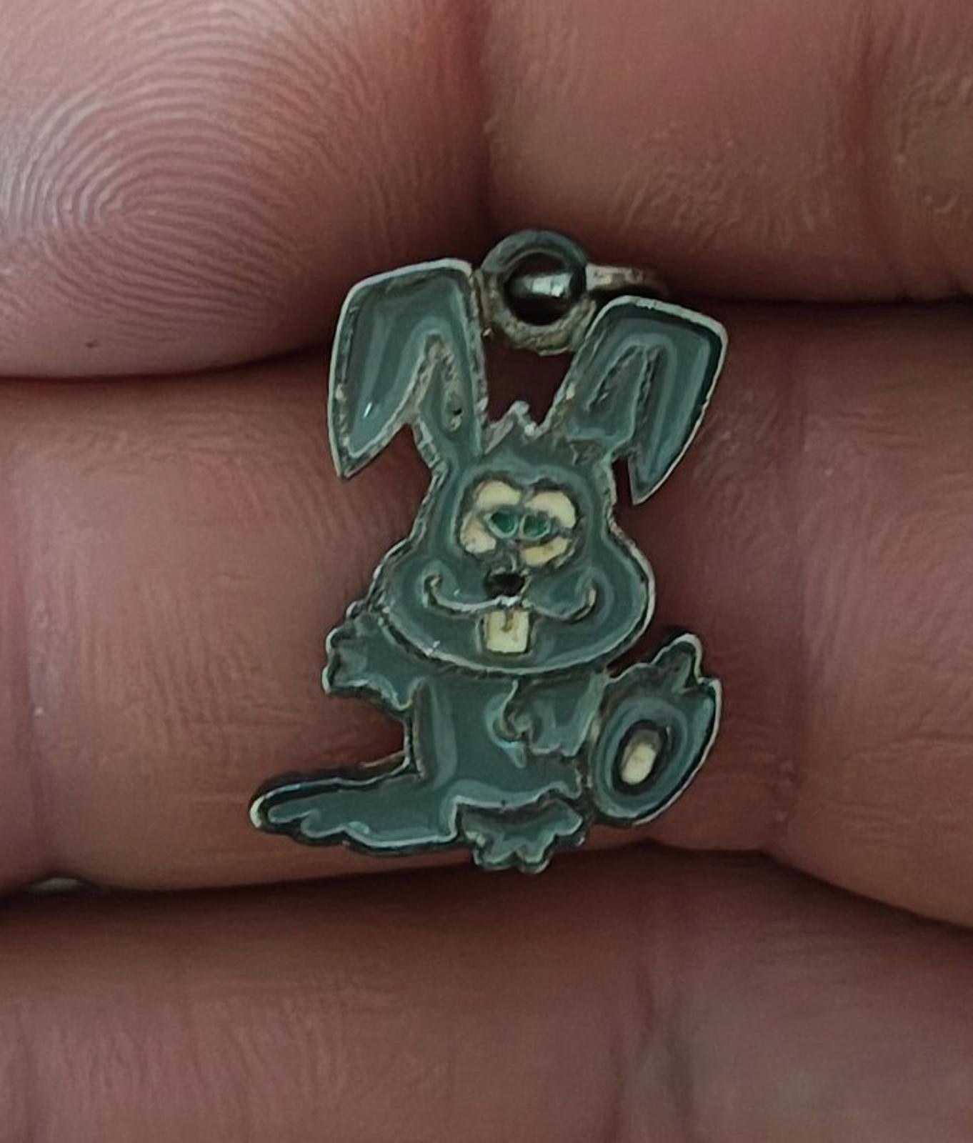1980s Bunny Rabbit Silver Tone Green Enamel Pendant Charm