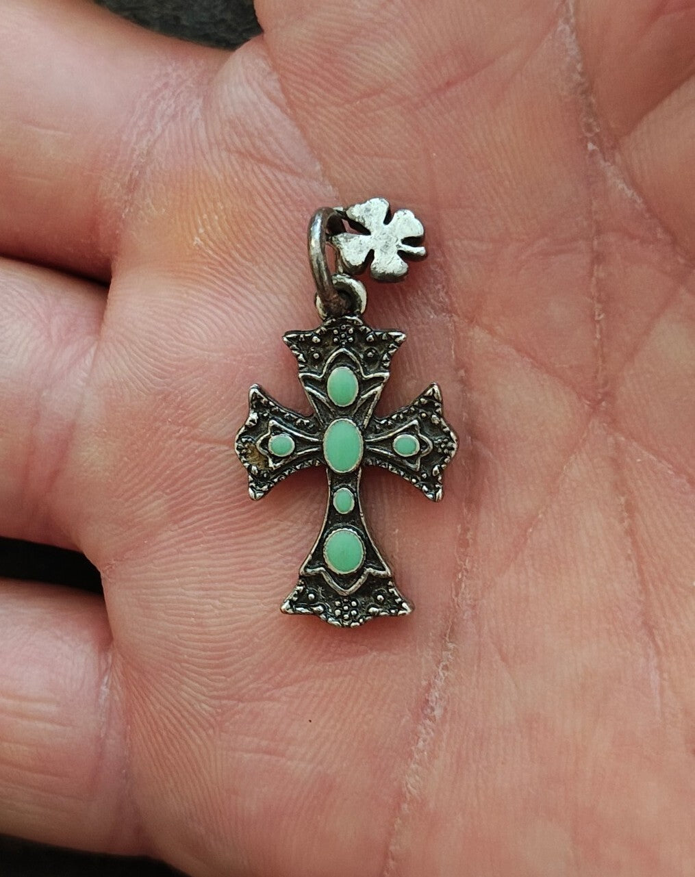 1990s Lucky Brand Antiqued Silver With Faux Turquoise Southwestern Cross Pendant