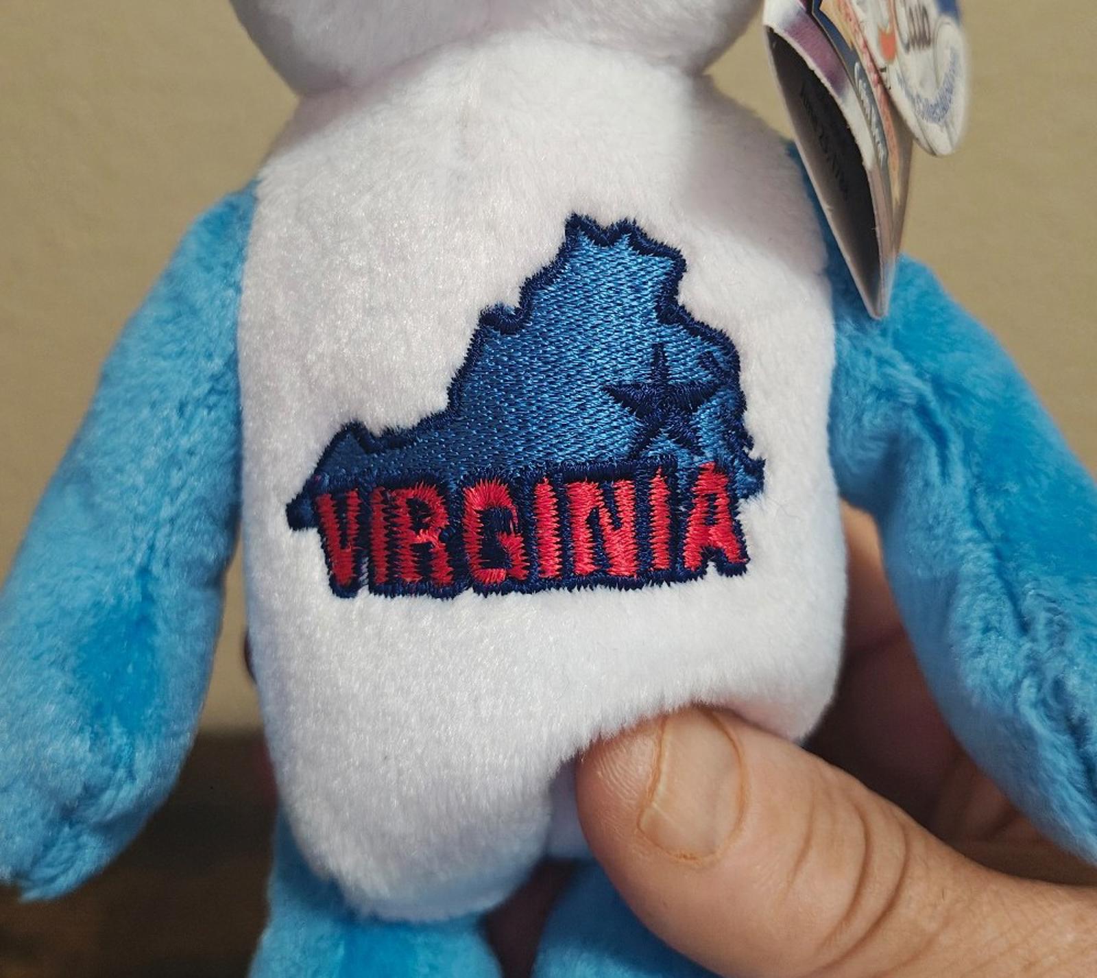 Close-up of plush bear chest with embroidered Virginia text and state outline