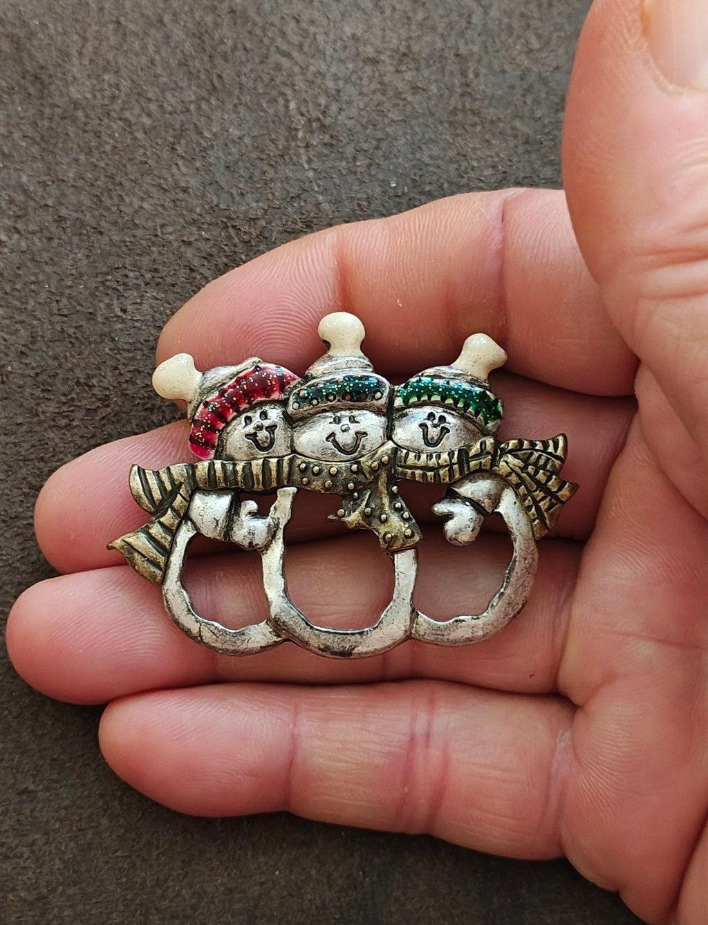 1980s Pewter Triple Snowman Holiday Brooch Pin