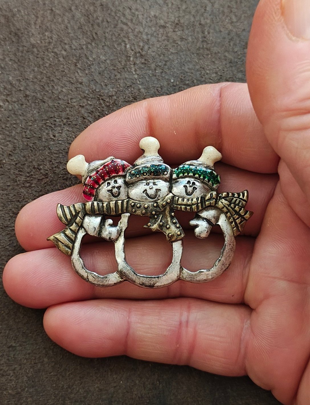 1980s Pewter Triple Snowman Holiday Brooch Pin