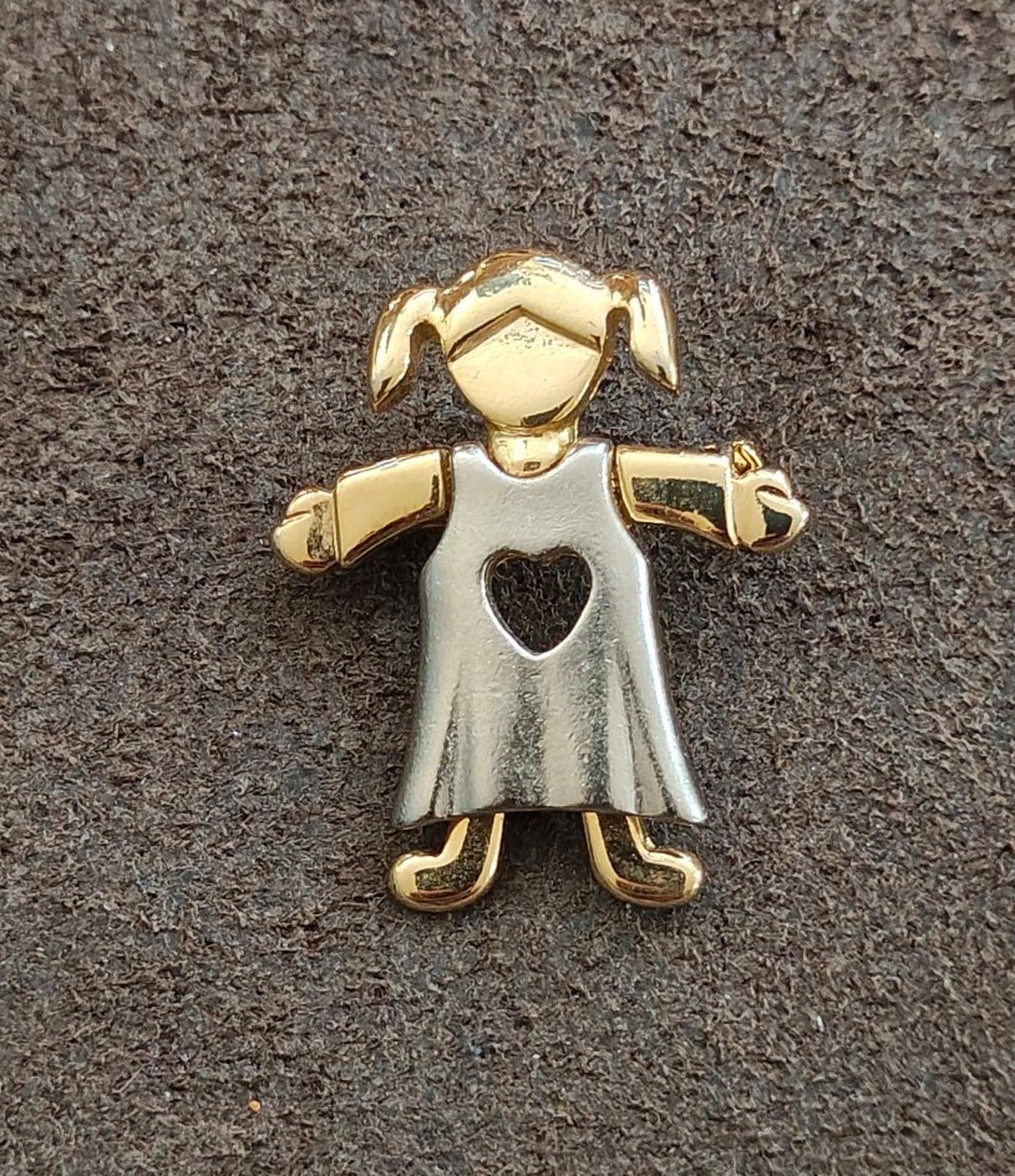 1990s Two Tone Little Girl With Pigtails In Dress With Heart Shaped Cutout Brooch