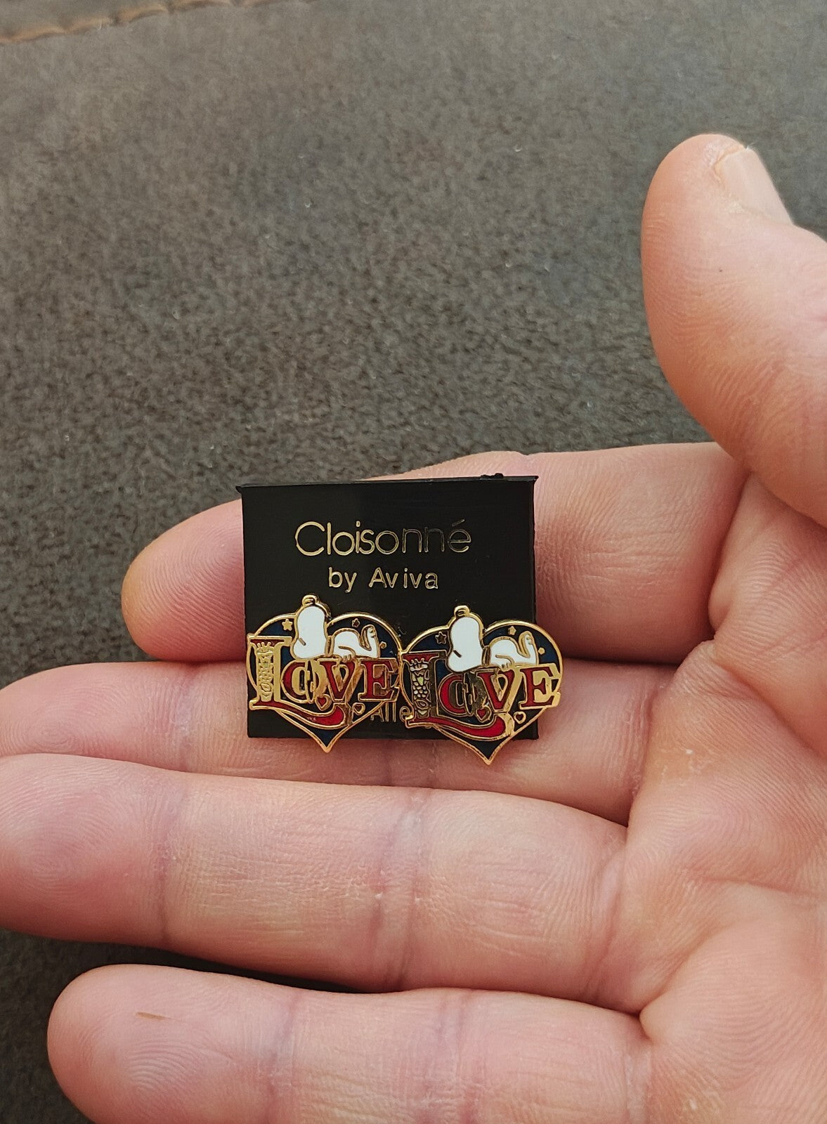 1970s Peanuts Snoopy "LOVE" Gold Tone Cloisonné Enamel Stud Earrings New