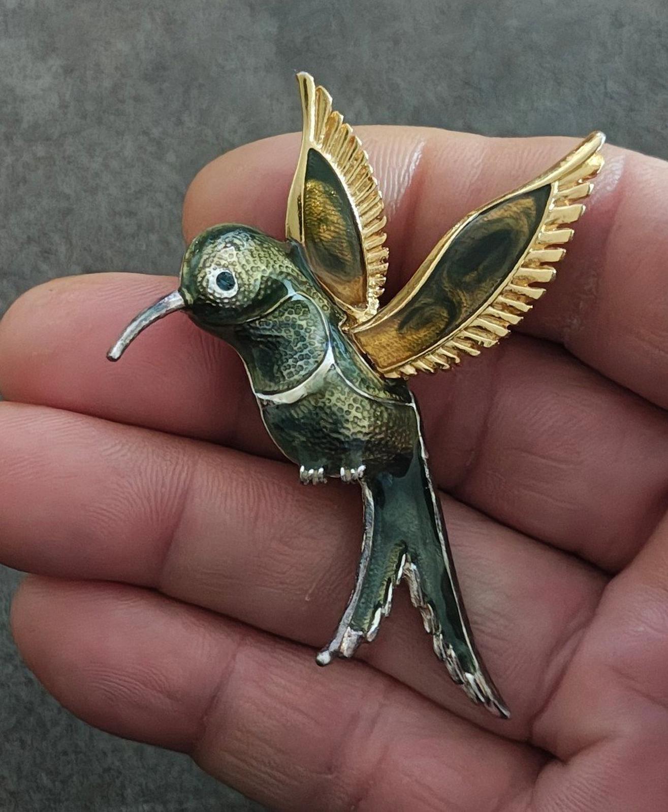 1980's Silver And Gold Tone With Green Enamel Hummingbird Brooch Pin
