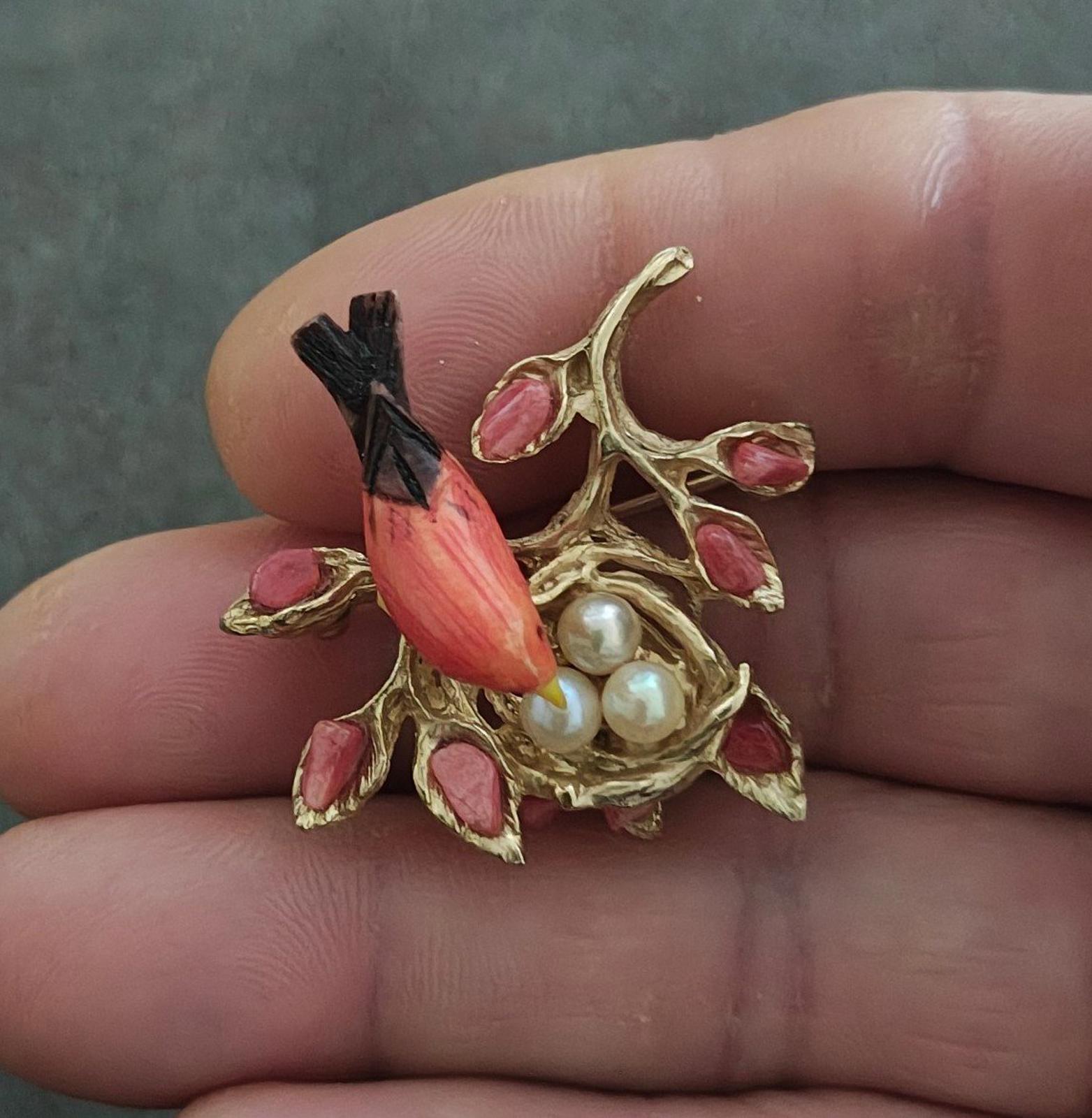 1960's Swoboda Mama Bird in a Nest full of Cultured Pearls Brooch Pin