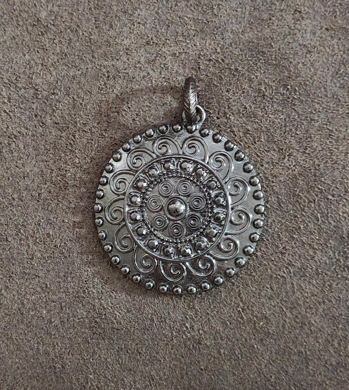 1990s Gun Metal Round Floral Design Pendant