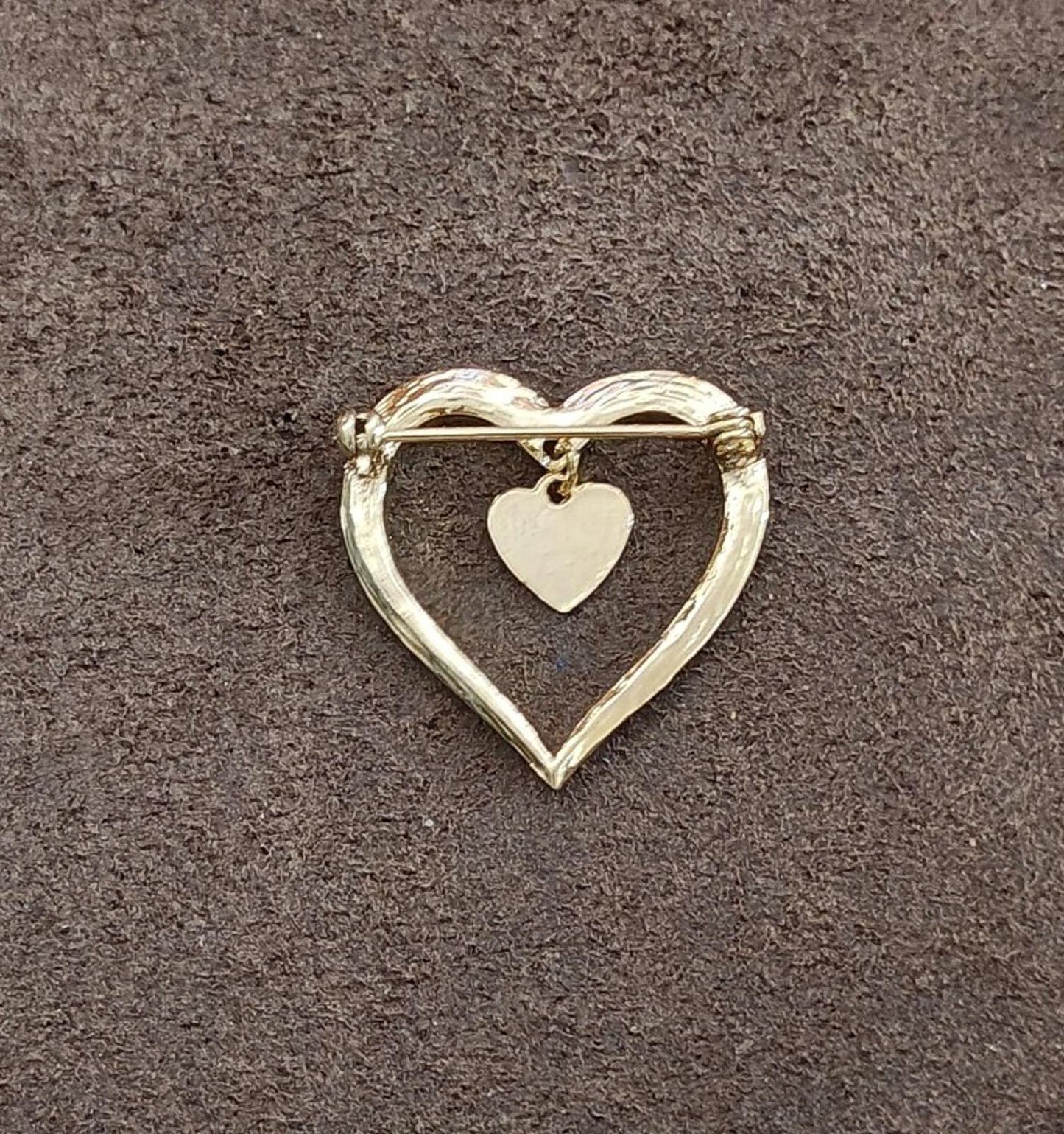 1980s Gold Tone Open Heart With a Smaller Heart Charm Dangle Brooch