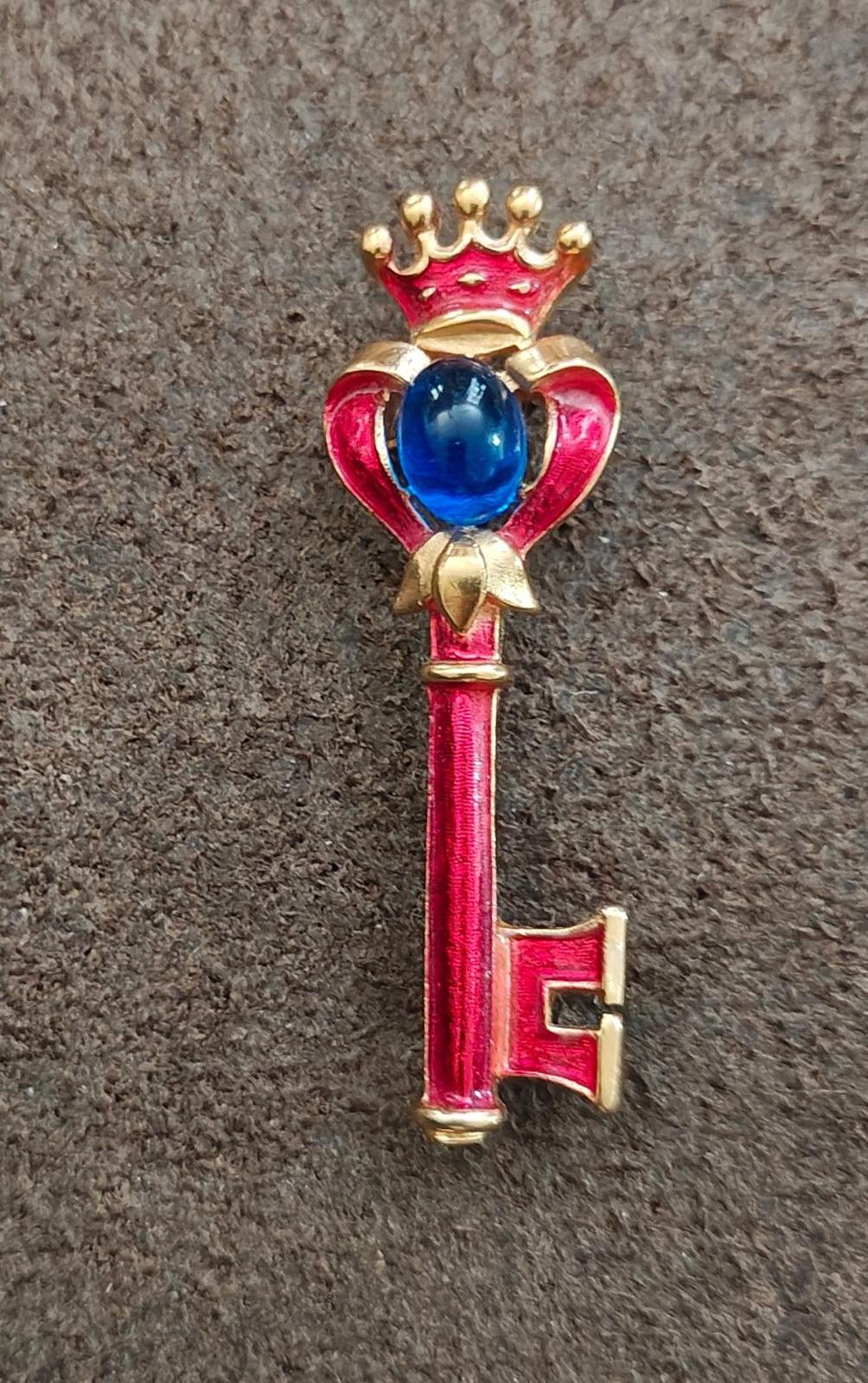 1940s/50s Crown Trifari Gold Tone Key Brooch With Red Enamel and Blue Cabochon