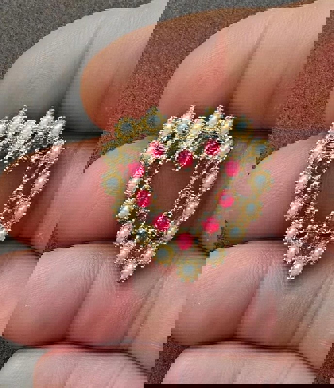 1980's Gold Tone Red Rhinestones and Faux Pearls Heart Brooch Pin