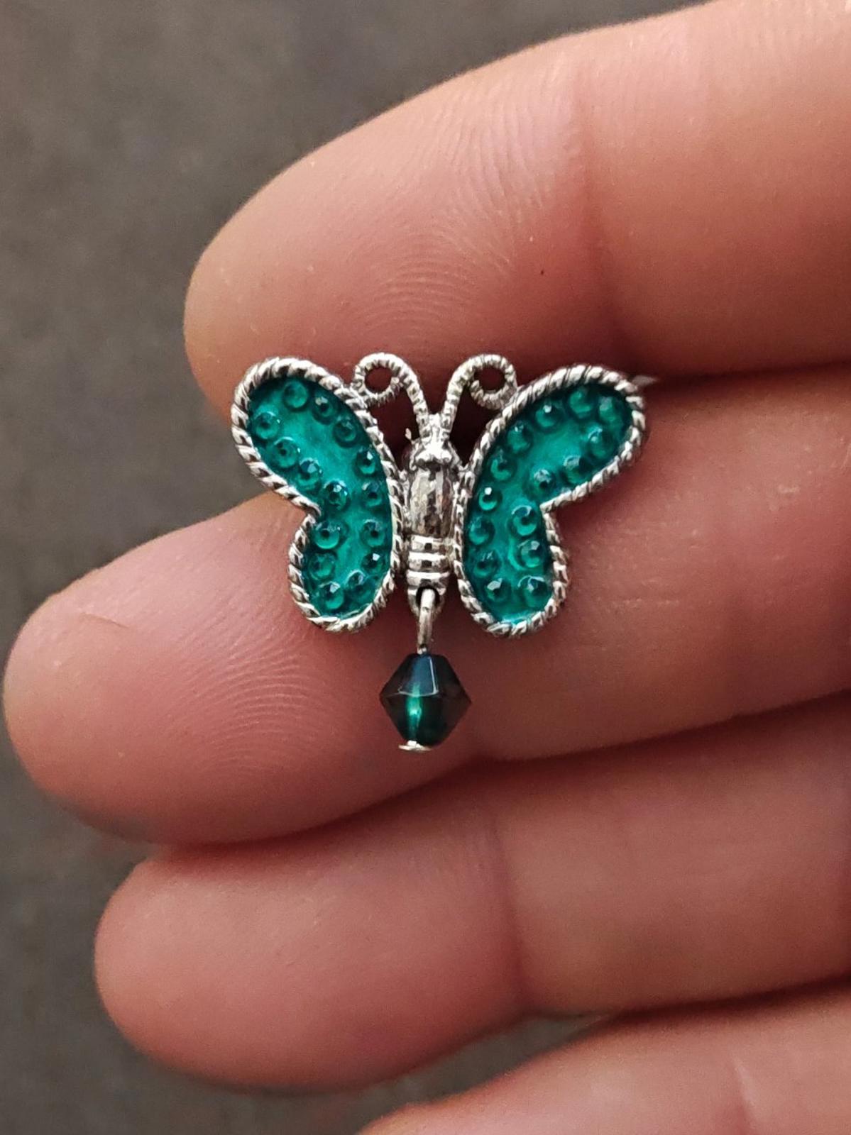 1980s Signed Avon Aqua Color Silver Tone Butterfly Dangle Pin