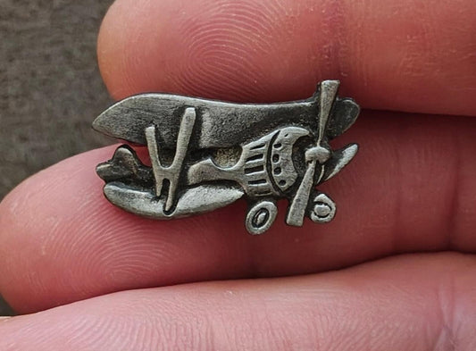 1970s Signed AJR Company Pewter Biplane Airplane Brooch Pin