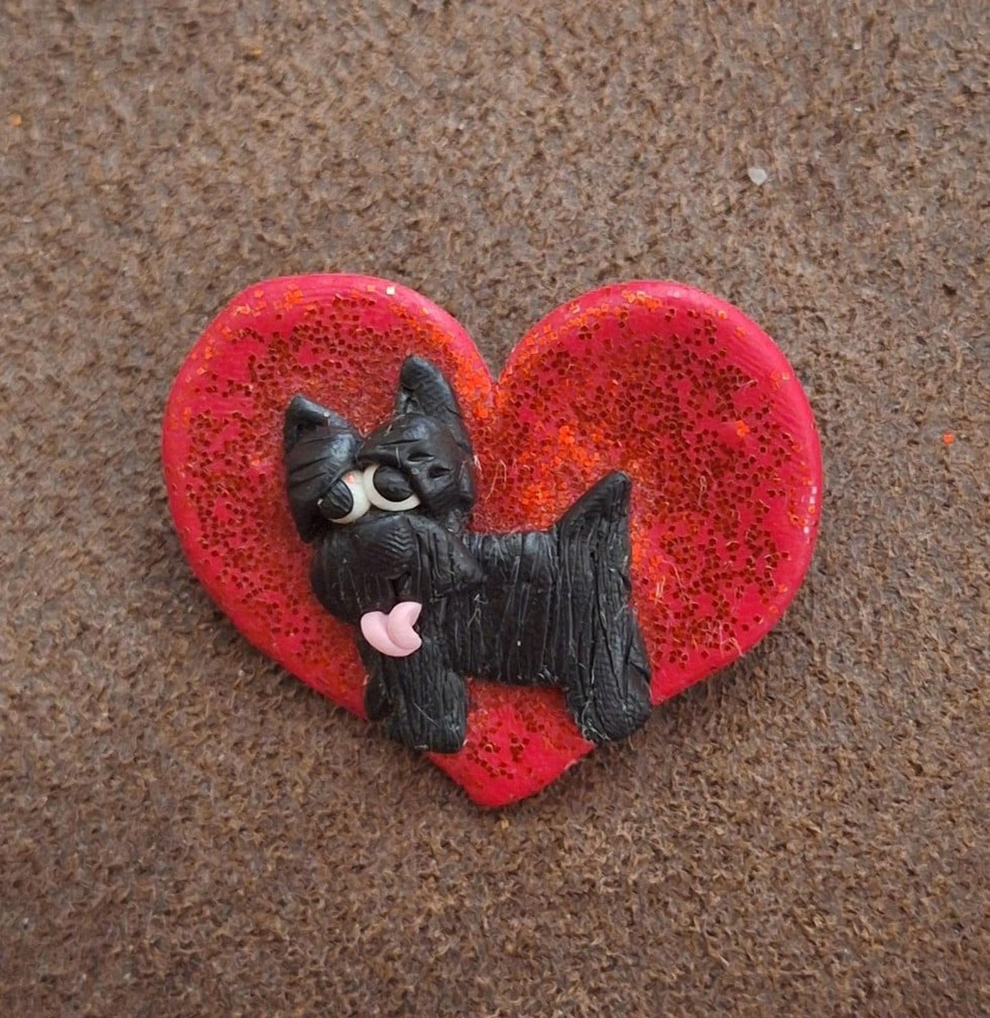 Glittery Red Heart With Black Scotty Dog With Pink Tongue Sticking Out Pin