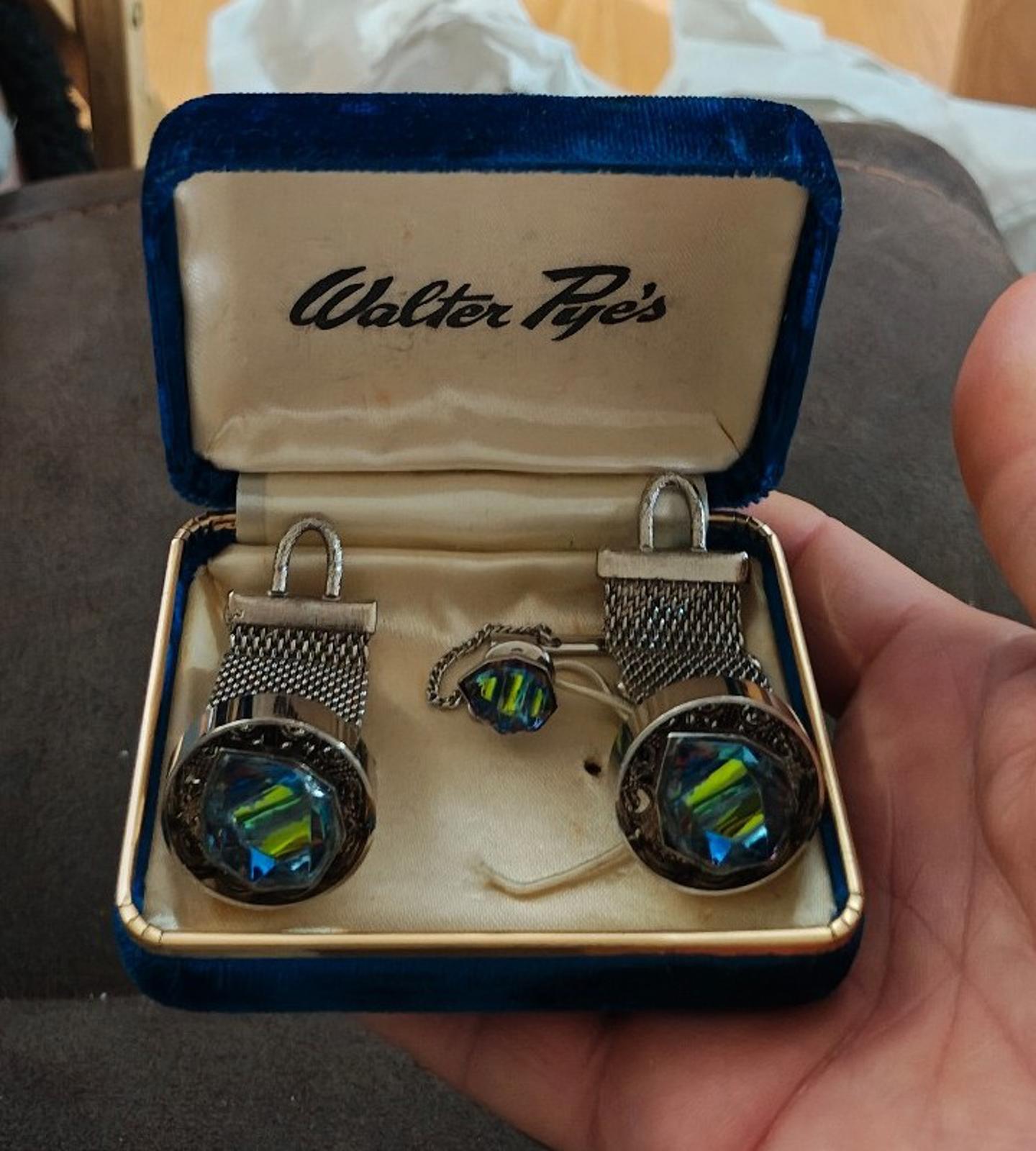 1950/60’s Walter Pye’s Iridescent Watermelon Rivoli Stone Cufflinks and Tie Tack