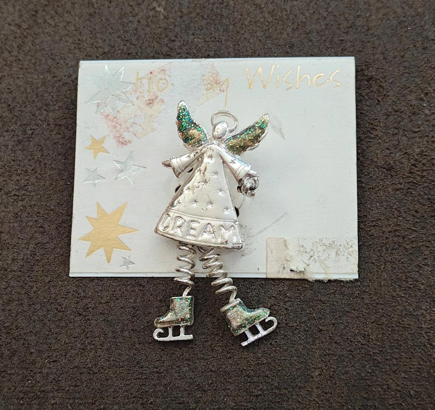 1990s Silver Tone With Glitter Accents "Dream" Angel Brooch