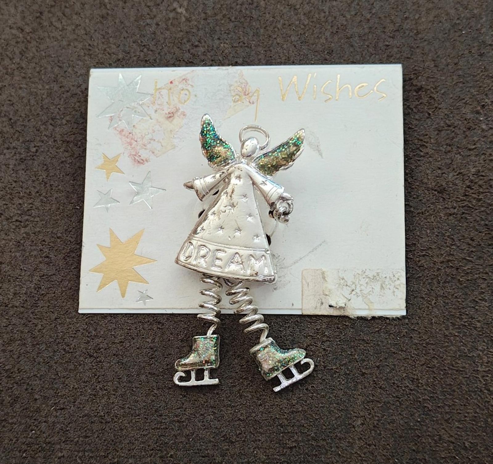 1990s Silver Tone With Glitter Accents "Dream" Angel Brooch