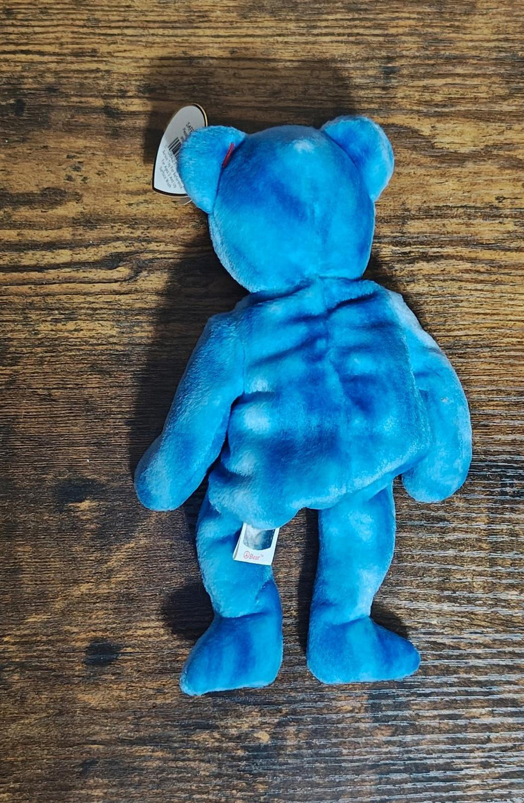 Blue bear plush rear view with beanbag shape and small fabric swing tag
