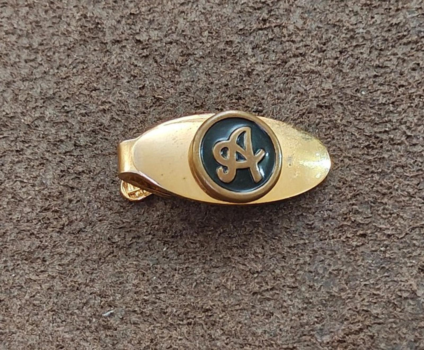 1950s/60s Gold Tone With Black Enamel Monogram Initial Letter Fancy A Tie Clip