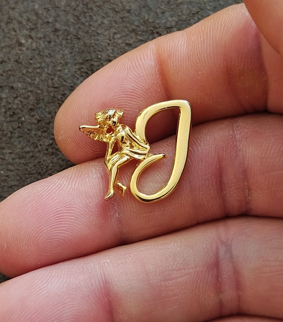 1980s Gold Tone Monogram Initial J & Guardian Angel Brooch Pin - photo 5