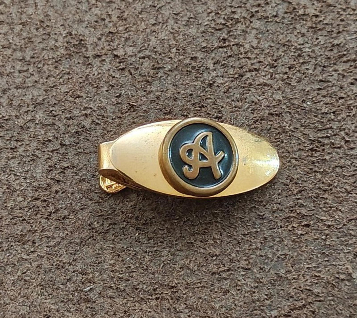 1950s/60s Gold Tone With Black Enamel Monogram Initial Letter Fancy A Tie Clip