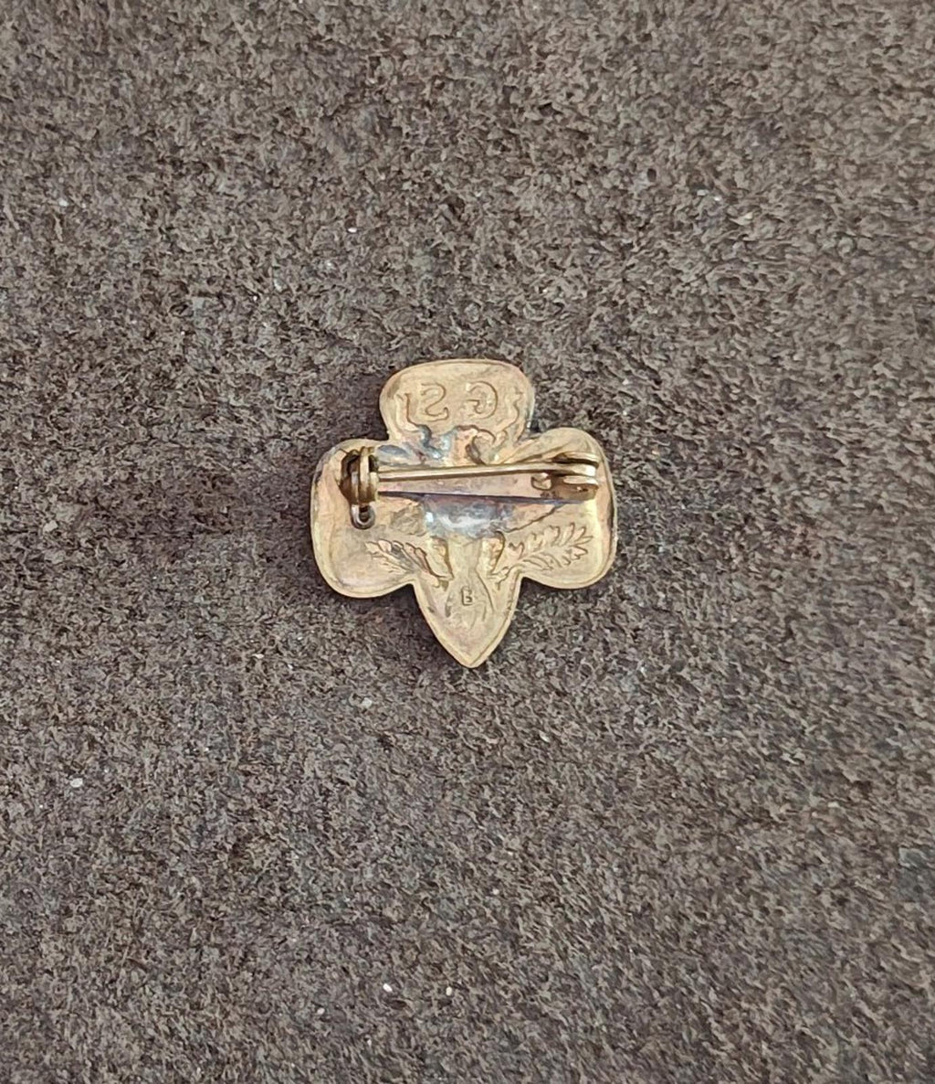 Gold-tone Girl Scout eagle brooch pin, back view with pin and clasp
