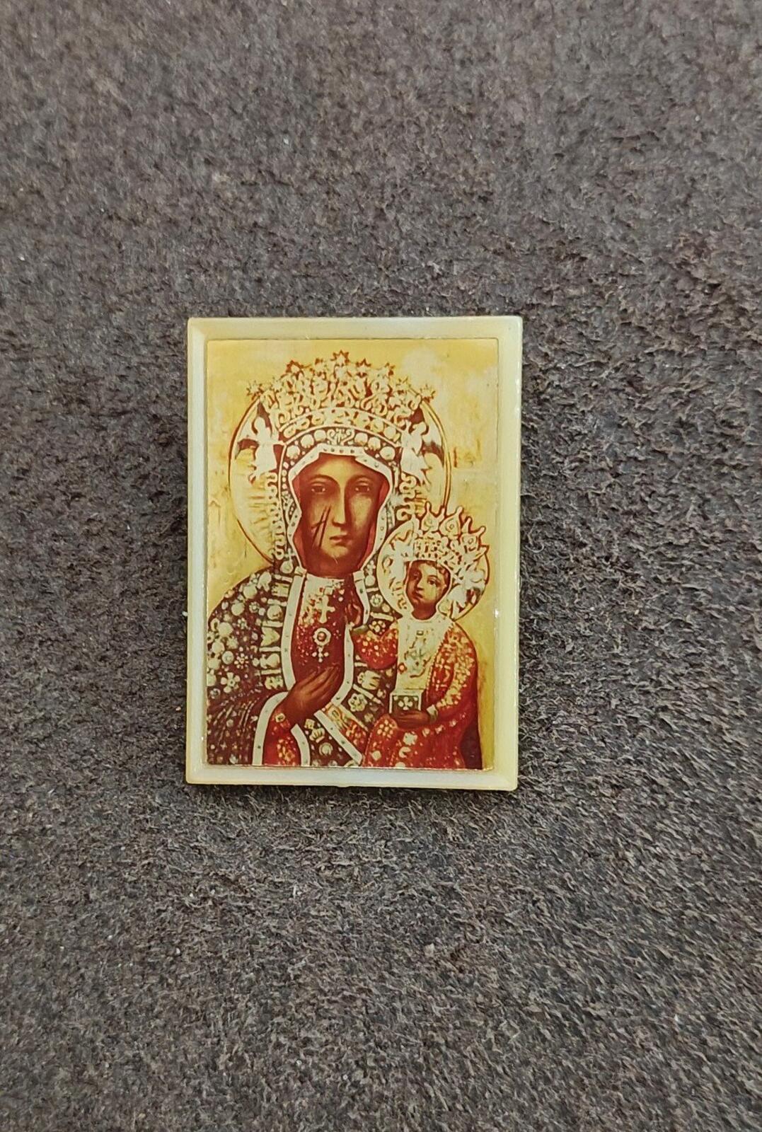 Vintage Black Madonna of Częstochowa" Plastic Brooch