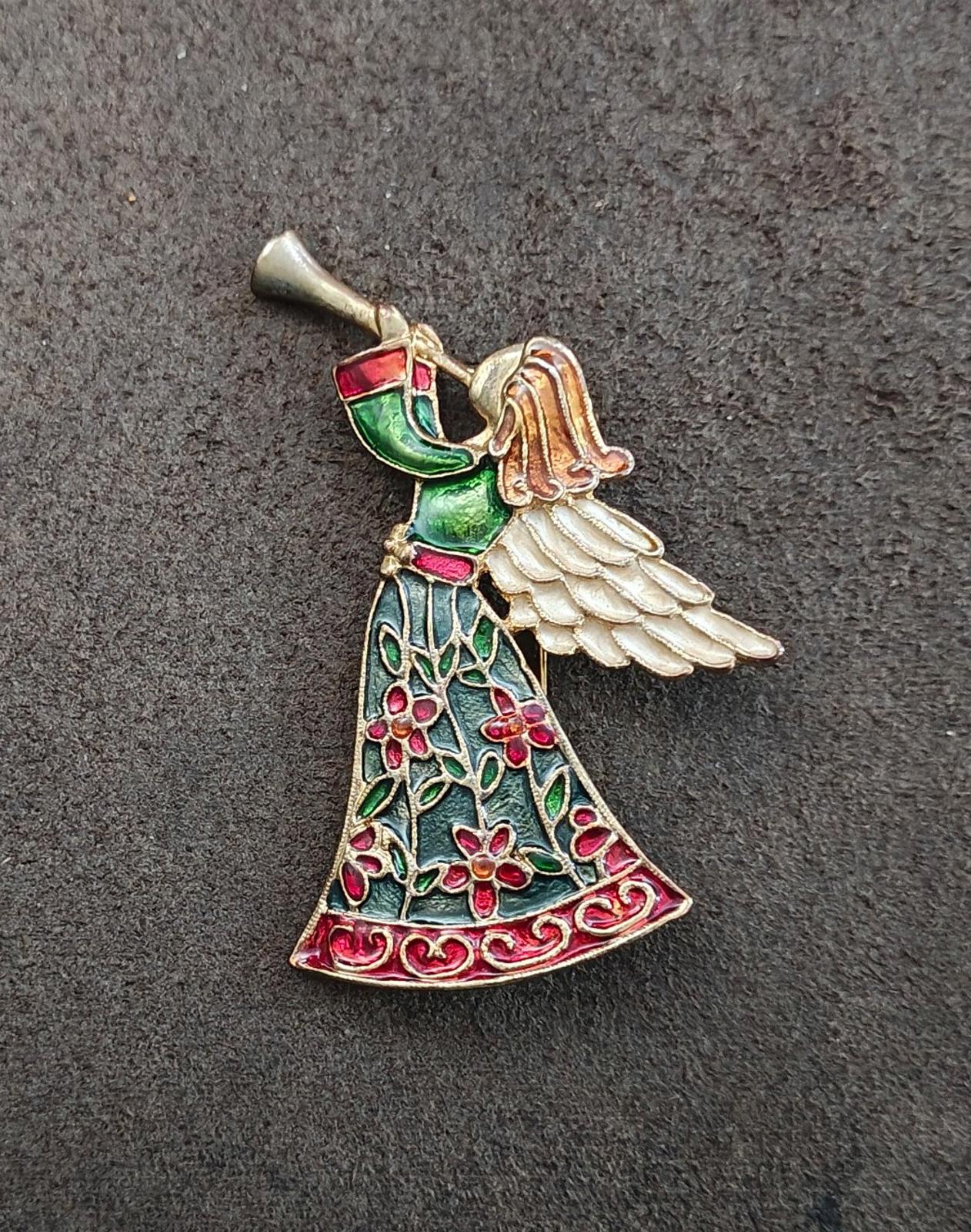 1980s Tanya's Creations Angel Blowing a Horn Gold Tone Enamel Brooch Pin