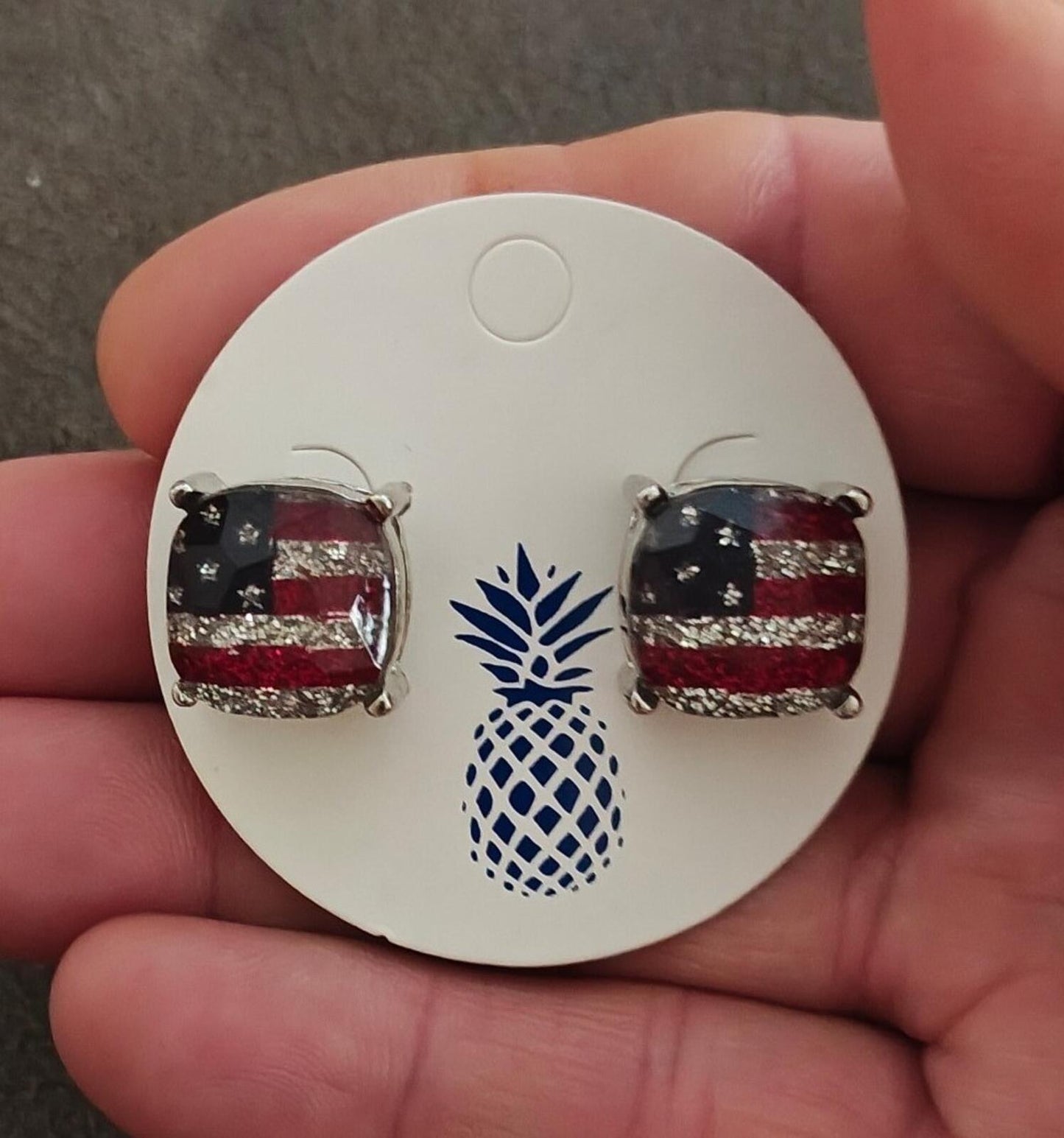 Patriotic Cushion-Cut Glass With Glitter Accents American Flag Stud Earrings.