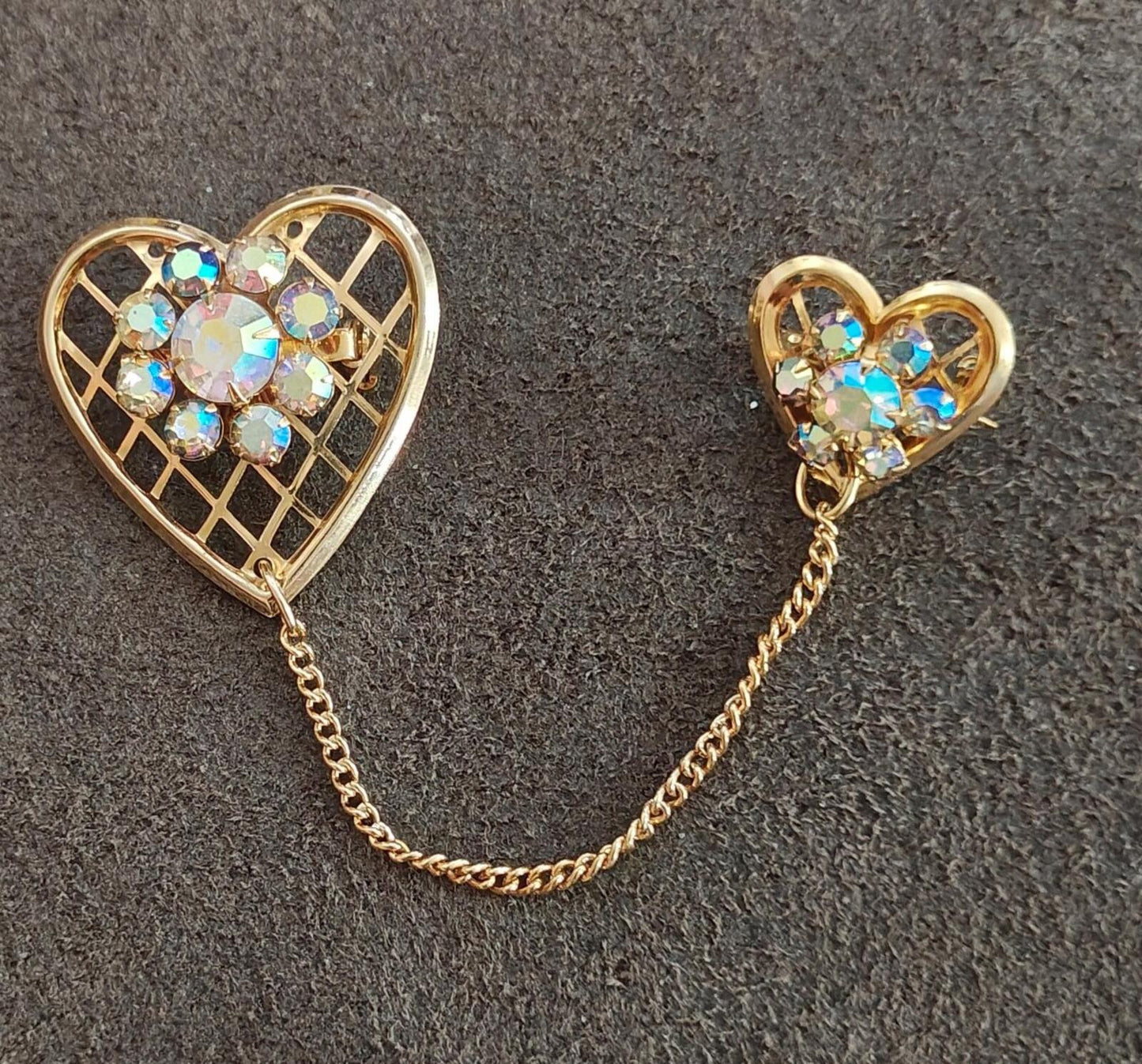 1950s Double Heart With Aurora Borealis Rhinestones Gold Tone Brooch