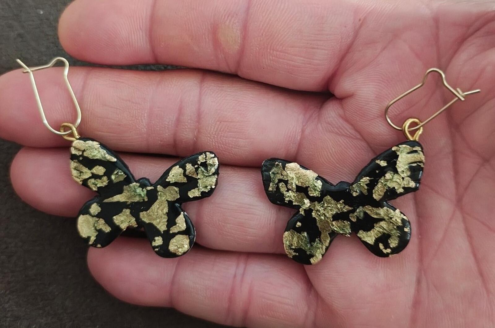 Handmade Black Polymer Clay Butterfly Earrings With Striking Gold Leaf Flakes