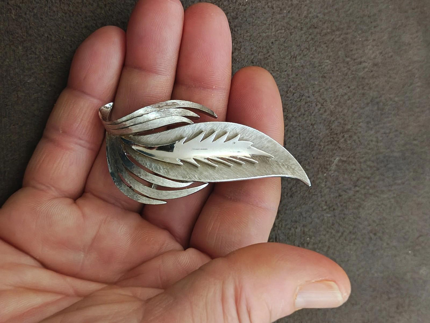 1950s/60s Silver Tone Crown Trifari Stylized Leaf Brooch