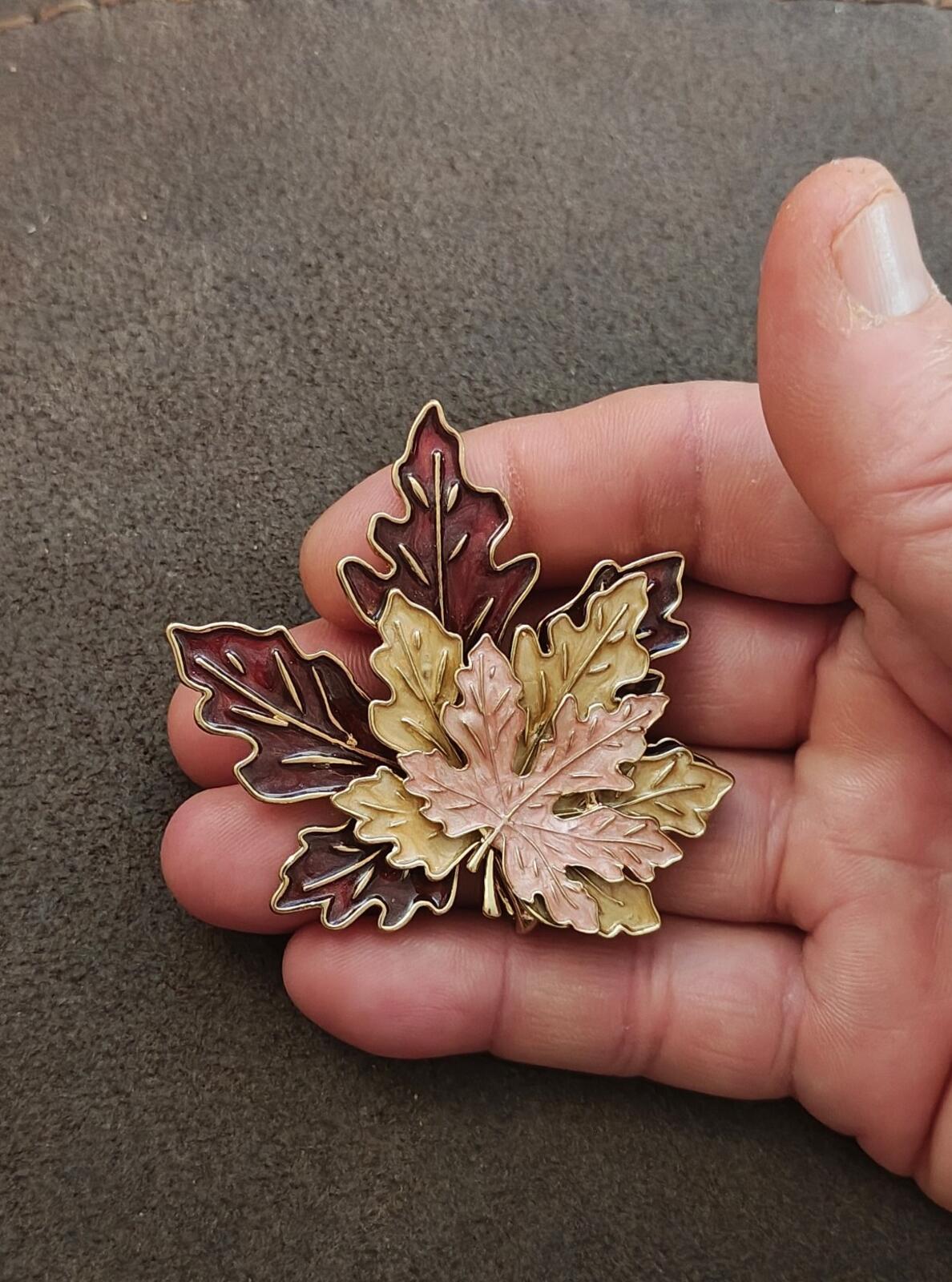 Tri Layered Gold Tone Multi Colored Handpainted Enamel Maple Leaf Brooch