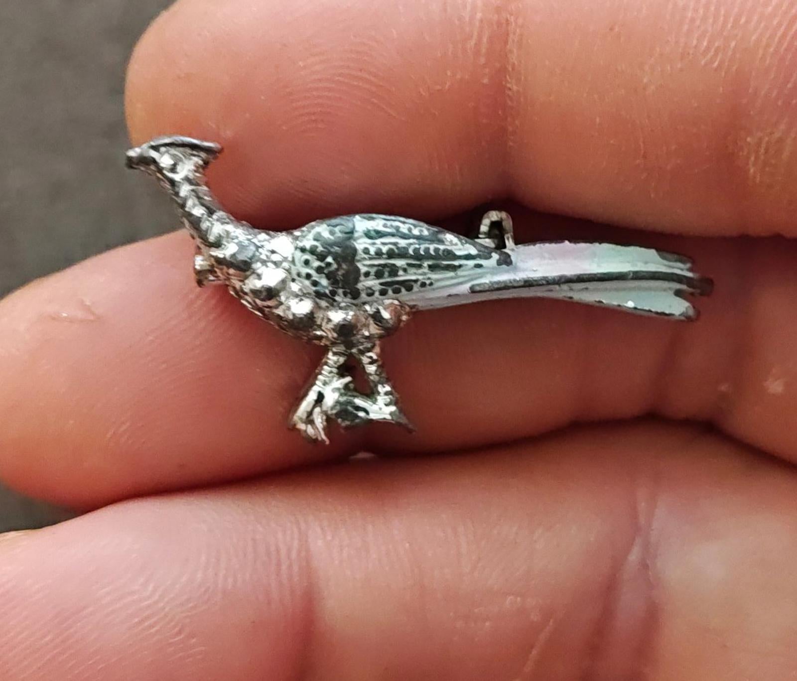 Road runner bird brooch in silver tone with blue-green enamel details